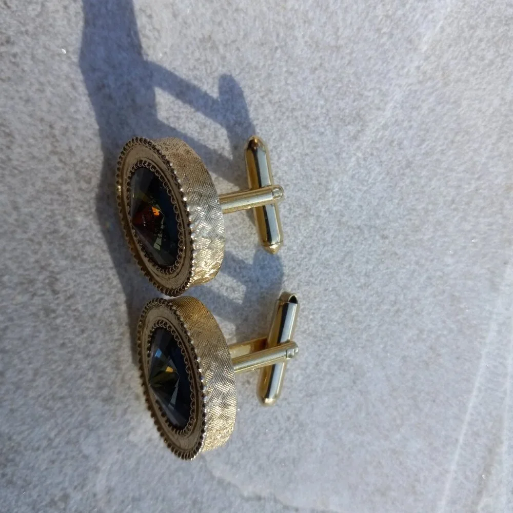 1960s MCM Swarovski Rivoli Crystal Gold Cufflinks Mad Men Style